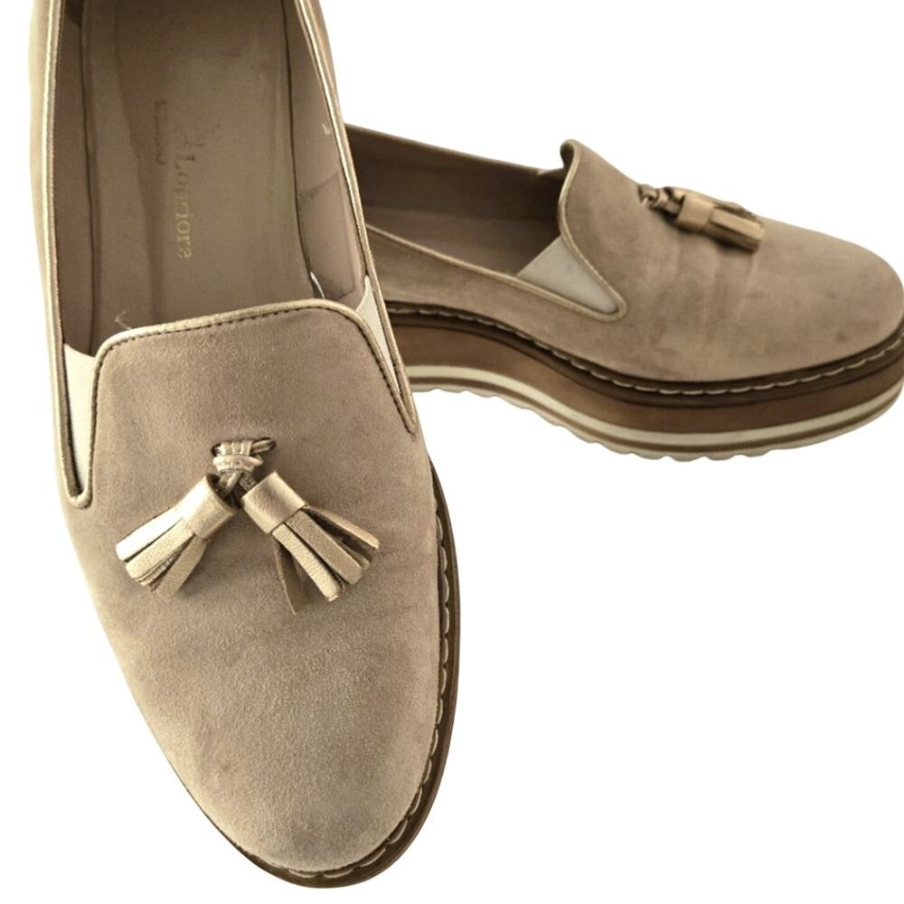 Michele Lopriore Cassidy Tan Suede Platform Loafers Tassel Euro Chic Size 37 7